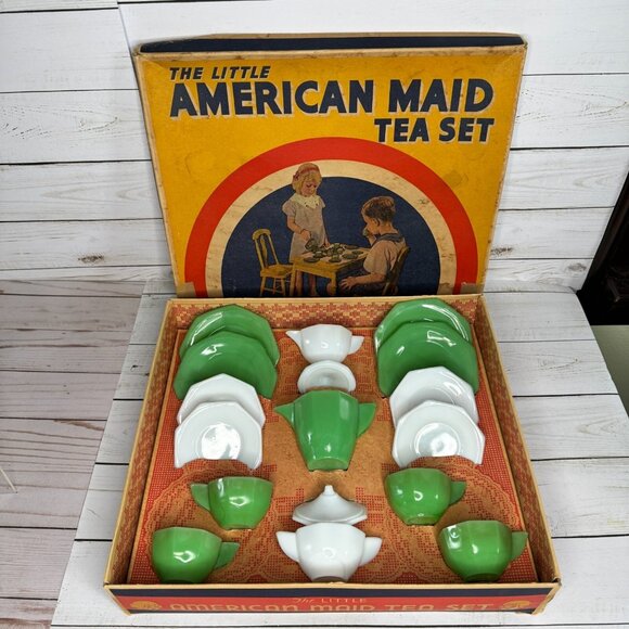 VTG Akro Agate Little American Maid Tea Set Children's Toys Dishes Green & White - Picture 1 of 16